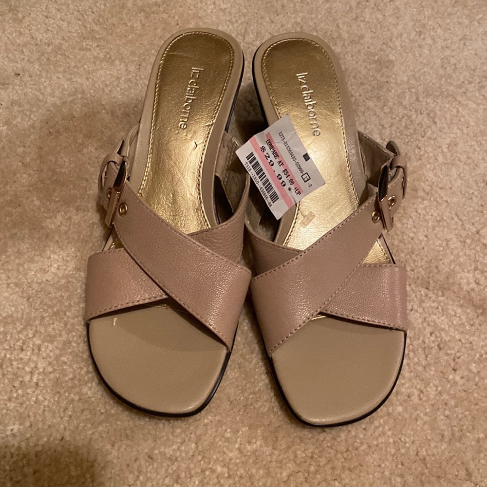 Tan leather slides with wedge heel